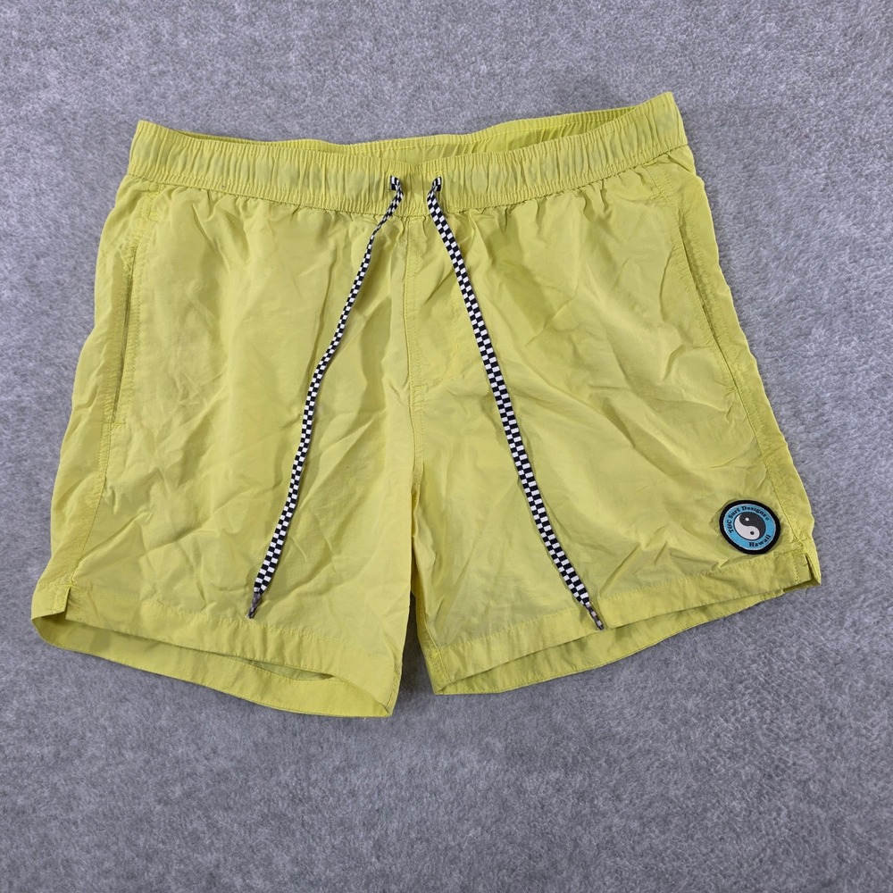 T&C Surf Designs Hawaii Mens Yellow Swim Trunks Checkered Drawstring Size M